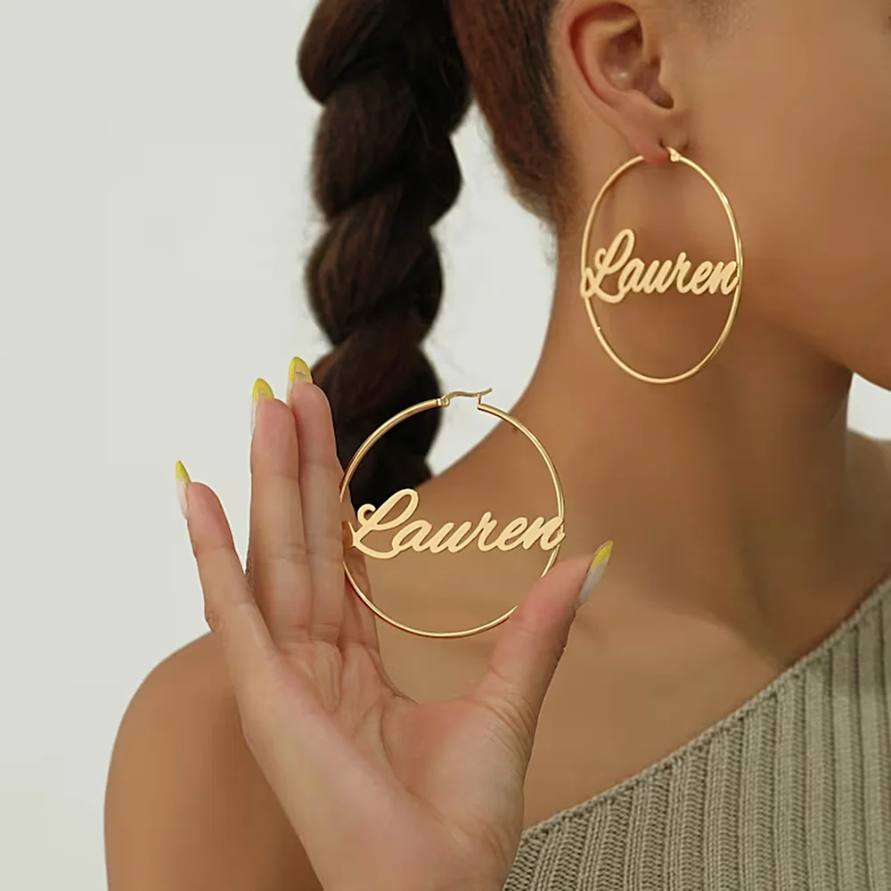 Custom Name Hoop Earrings Personalized Gold Color Stainless Steel for Earrings Women Letter Nameplate Circle Jewelry Gifts