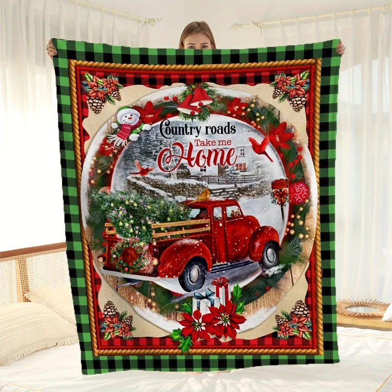 Cozy Country Roads Take Me Home Rote LKW-Flanelldecke – weiches, warmes Polyester mit festlichem Urlaubsdesign