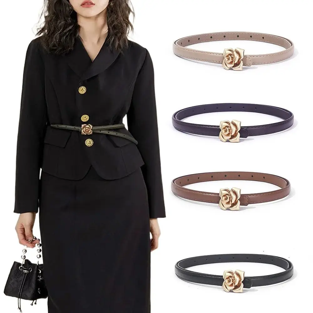 

Retro Rose Design Leather Belt Luxury Design Trendy Pin Buckle Waistband PU Versatile Dress Belts for Women