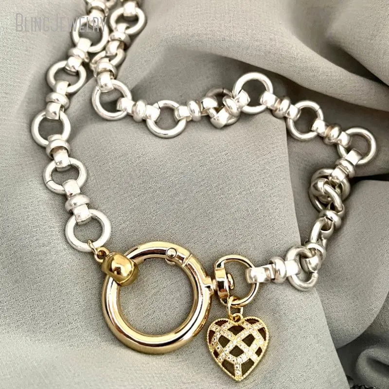 10pcs Satin Silver Chain Necklace Gold Color Carabiner Spring Ring Clasp CZ Lattice Heart Pendant Metal Minimal Jewelry Custom