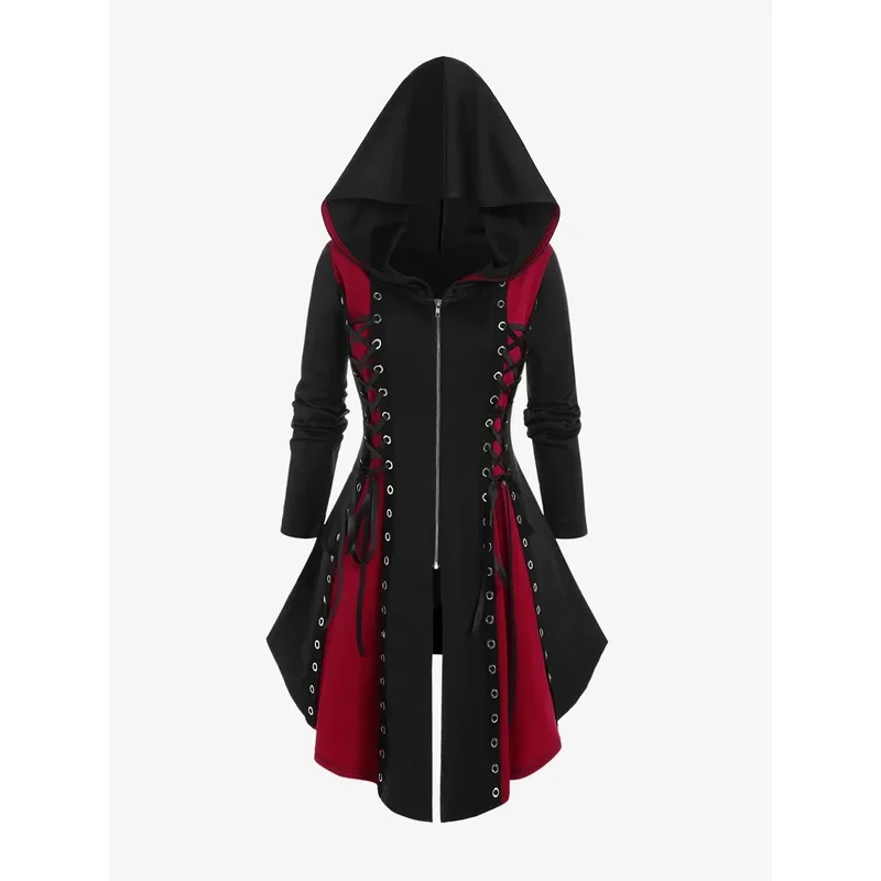 Gothic Hooded Lace Up Grommets Colorblock Coat Long Sleeves Asymmetrical Zipper Sweatshirts For men and women Hoodies Winter