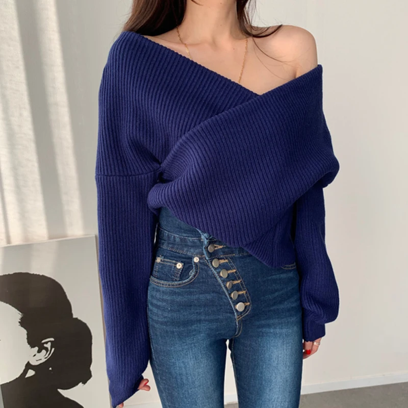 Korea Chic Autumn Winter Feminine Pullovers Skin-revealing Slash Collar Tops Shoulder Strapless Loose Long-sleev Knitted Sweater