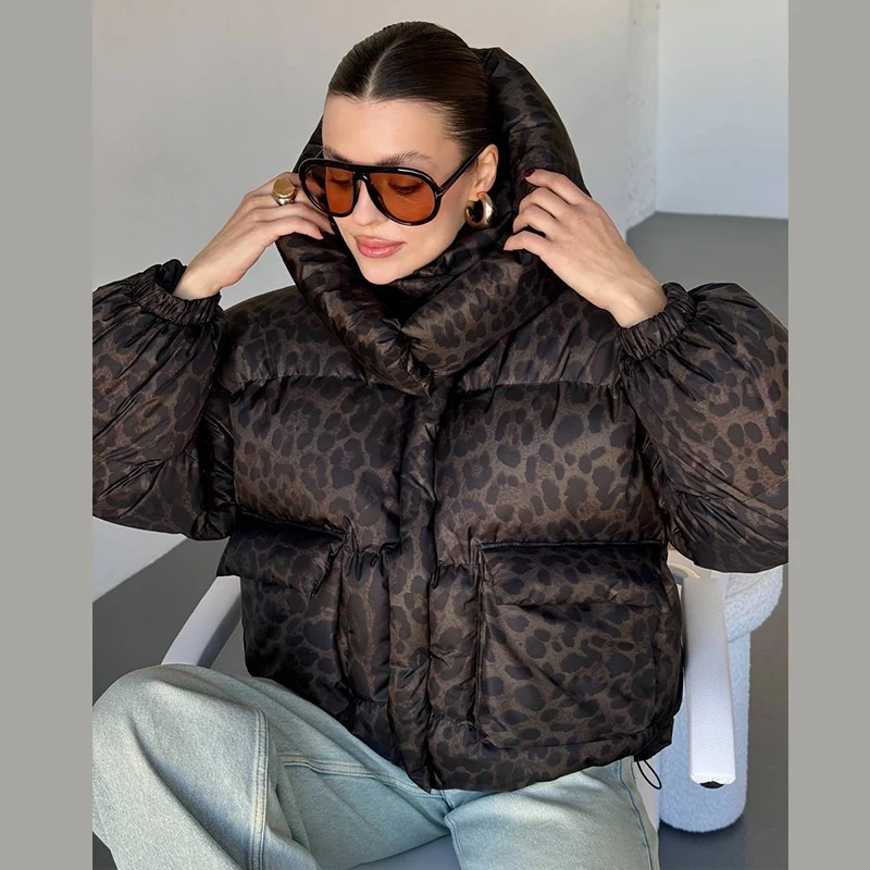 Women's Leopard Print Hooded Cotton Padded Jackets Stand Collar Zipper Short Puffy Coats 2026 Winter Lady Street Warm Outerwear