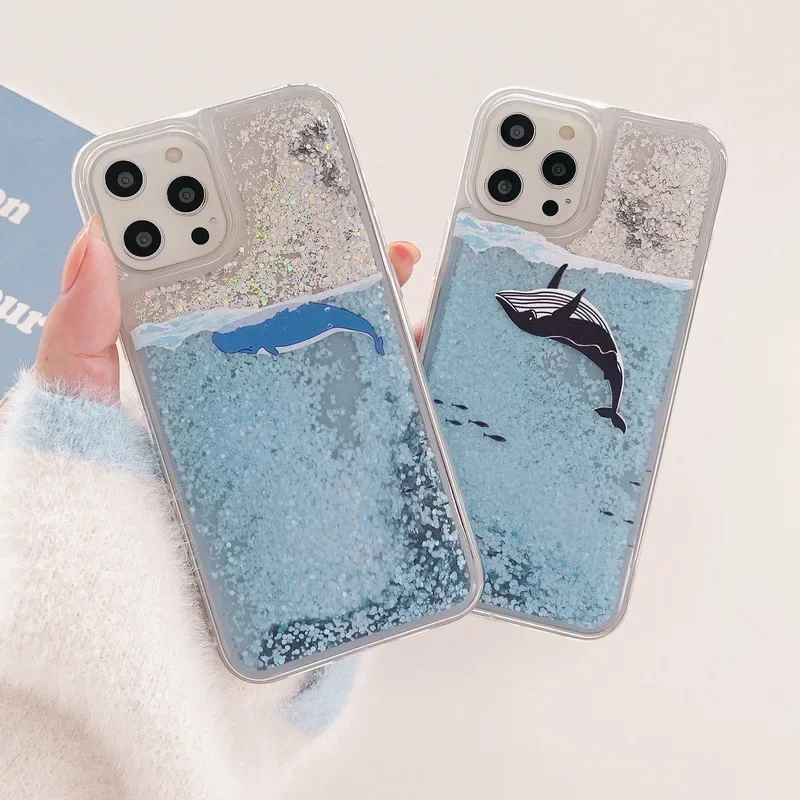 Ocean Dolphin Whales Quicksand Liquid Case 16 for iPhone 14 Pro Max 15 13 Funda as iphone15 15Pro Coque Shine Bonito Cover Shell