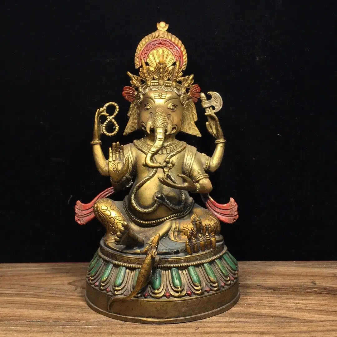 Solid Pure Copper Painted Lord Ganesha Statue, 15cm L ×15cm W ×28cm H, Net Weight 1720g