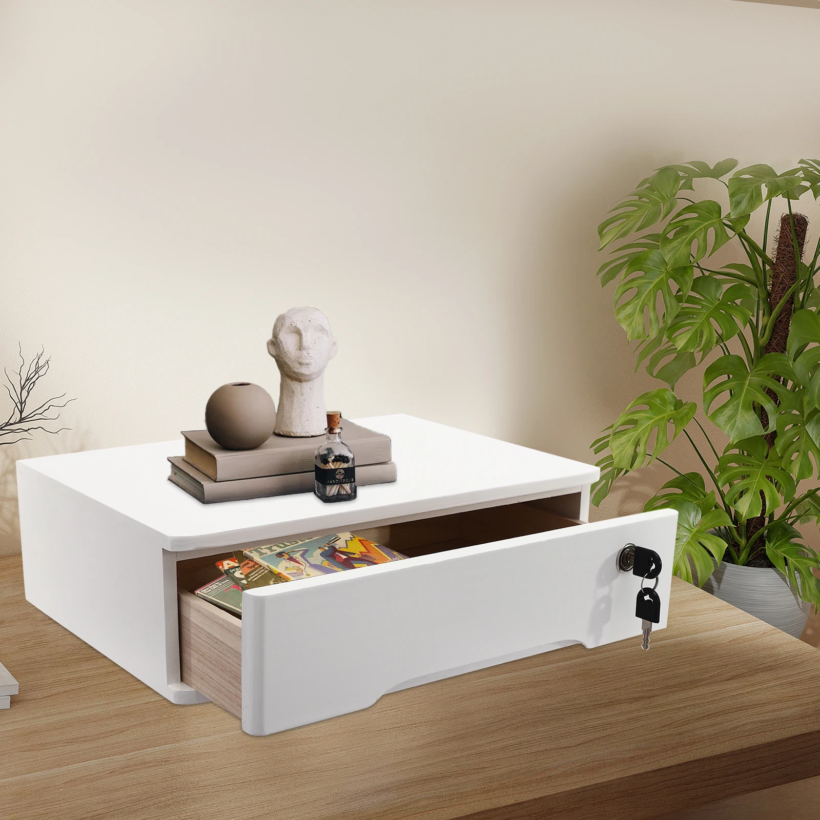 

Desk Organizer w/ Drawer, Wooden Desktop Storage Cabinet File Holder with Lock and Keys, Desk Drawer Organizer Filing Case