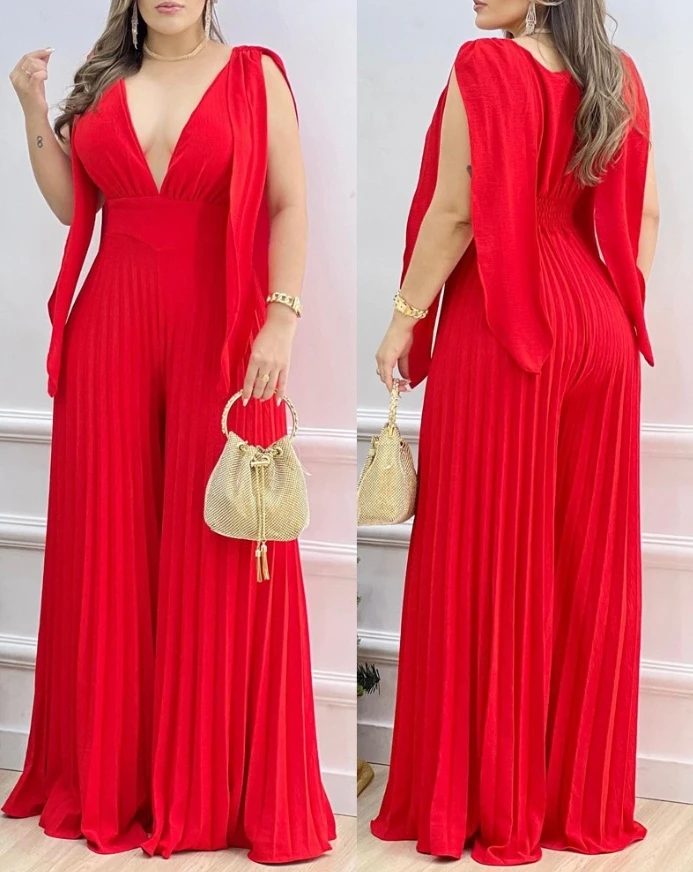 

Jumpsuit Women Christmas 2025 Spring Fashion V-Neck Split Sleeve Cinched Waisted Jumpsuit Pleated High Waist Wide Leg Romper