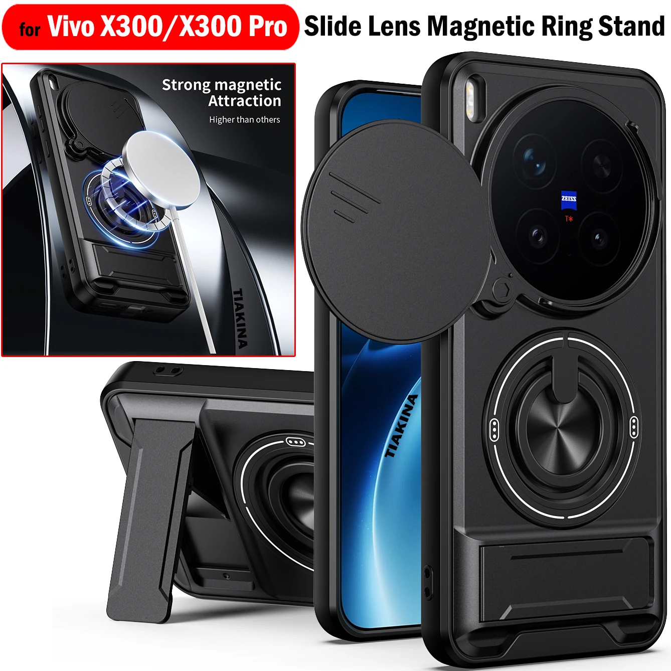 Чехол-слайдер с линзой для Vivo X300 Pro 5G, с вращающимся магнитным кольцом, складной подставкой и защитной задней крышкой (бронированный)