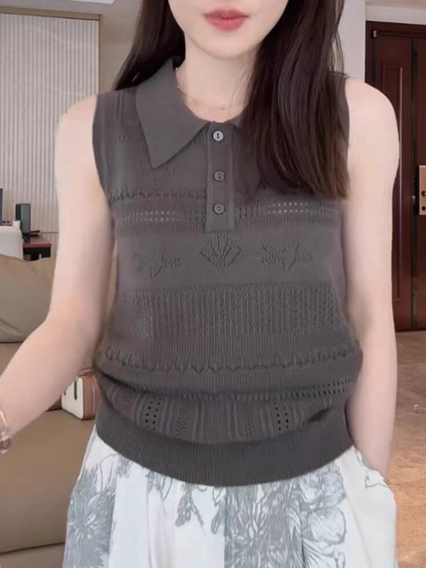 

Faionable ажурный вязаный жилет Svel, летний новый Sle, молодежный дизайн, для поездок на работу, с прямым вырезом, цельный повседневный...