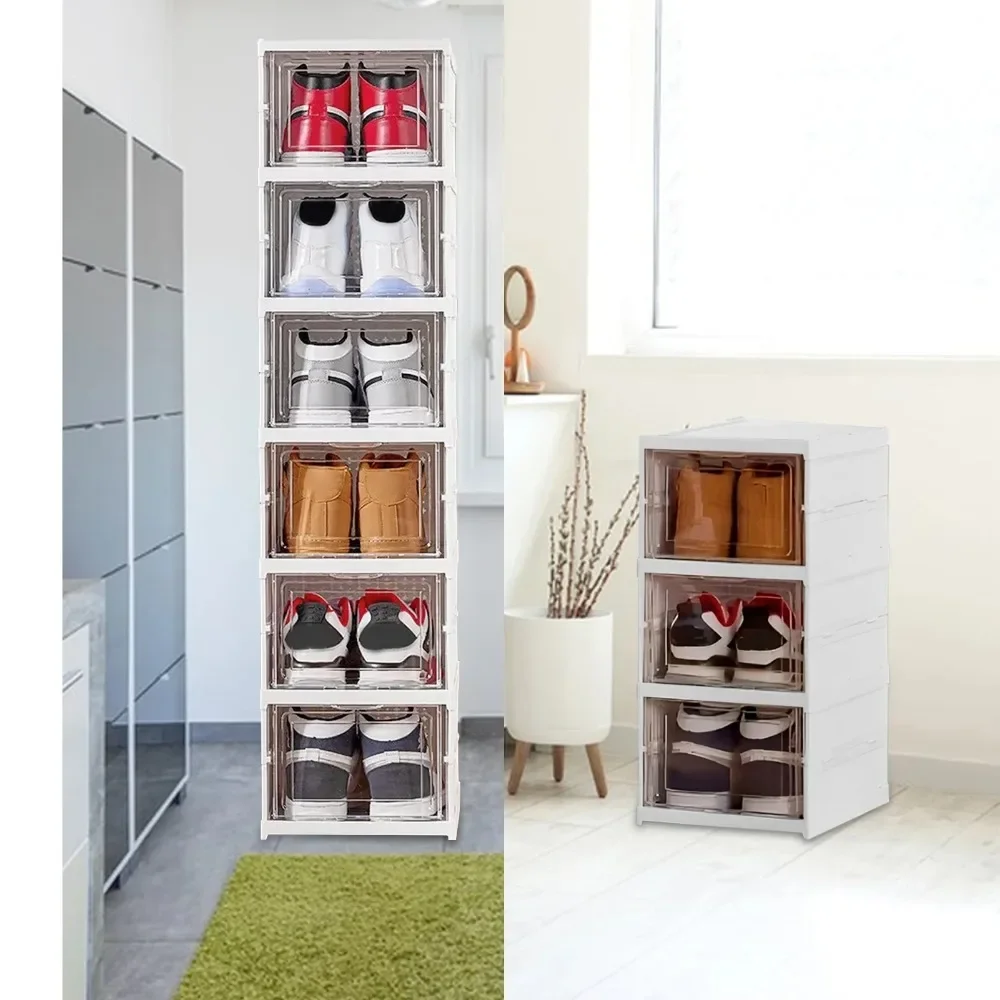 1/3/6 Layers Shoes Box Foldable Shoe Storage Box Stackable Dustproof Shoe Rack Organizer Space-Saving Integrated Cabinet Shelf