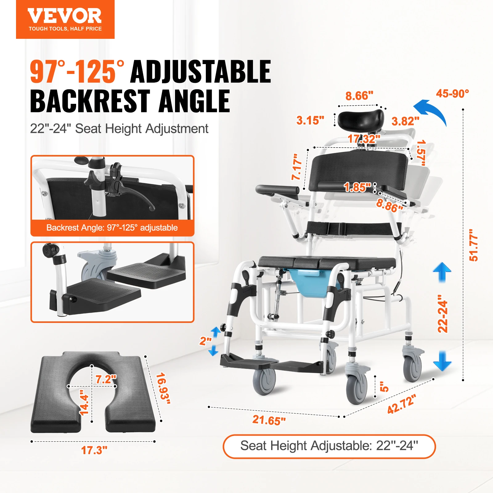 VEVOR Shower Wheelchair  17.5in Width Aluminum Alloy Bathroom Wheelchair for Inside Shower for Disabled Adult  300 lbs Capacity