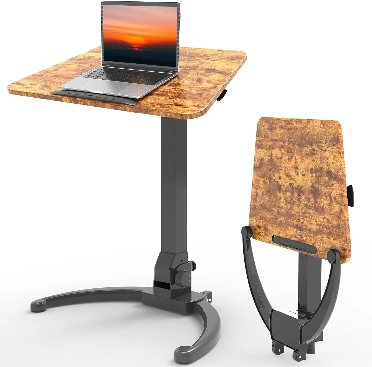 

Foldable Standing Desk, Pneumatic Height Adjustable Laptop Table, 90° Tiltable Rolling Workstation, Non-Slip Mat, Supports 22lbs