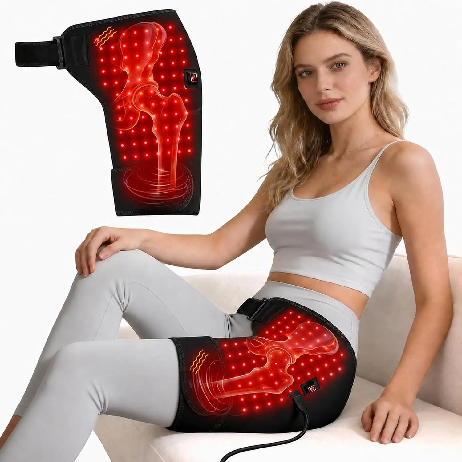 Red Light Therapy Hip Thigh Wrap with Massage, 105 LEDs Pad for Legs, Thighs & Buttock, USB Powered, Wearable Support for Thigh