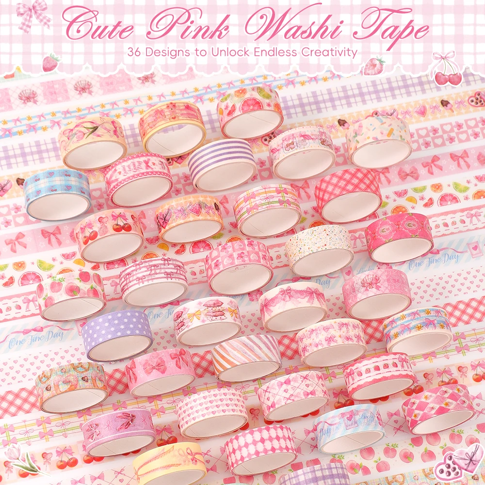 Kawaii Pink Washi Tape Set 36 Rolls Mixed Patterns with Butterfly Gingham Cherry Designs Decorative Craft Tapes for Scrapbooking