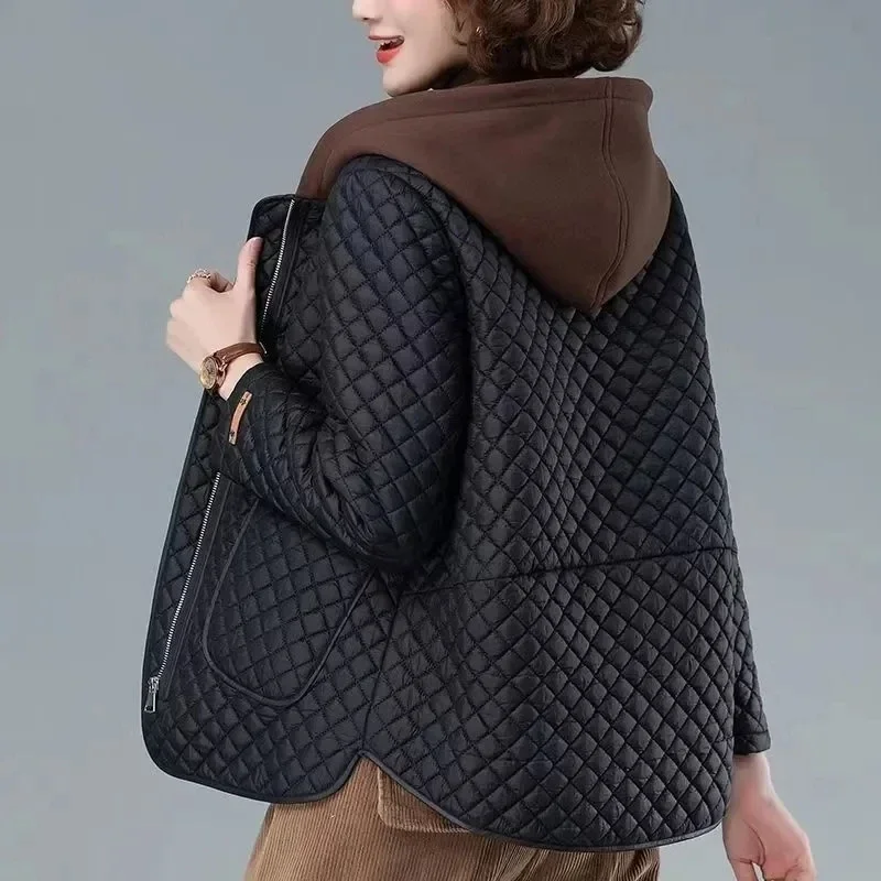 Fashion Lightweight Cotton-Padded Coat Women Autumn Winter Cotton Coat Hooded Jacket Loose Casual Plaid Parkas Outwear