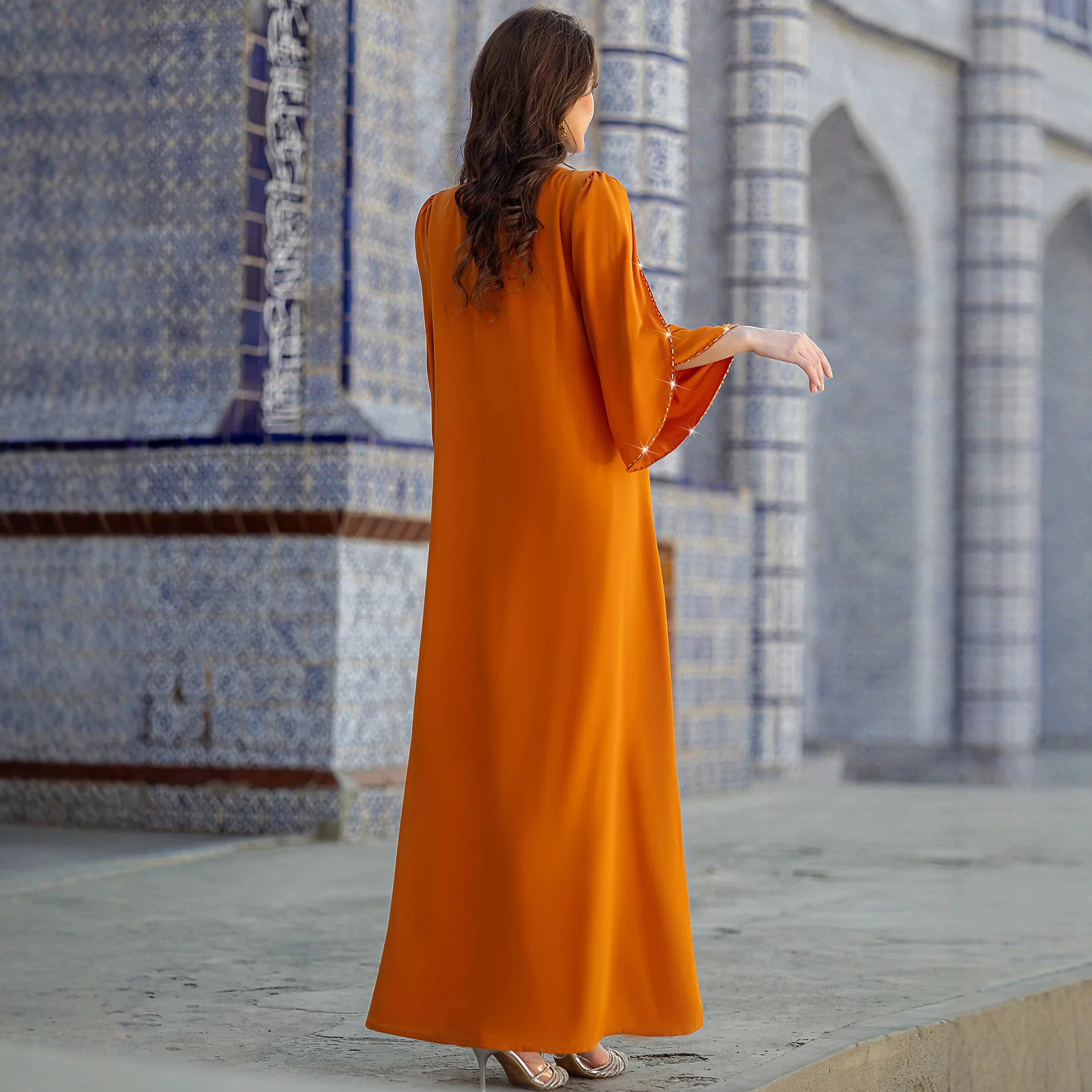 Women Orange Solid Loose Elegant Trendy Basic Daily Beading Long Sleeve Abaya Dress Arabian Middle East Turkey Female Clothes