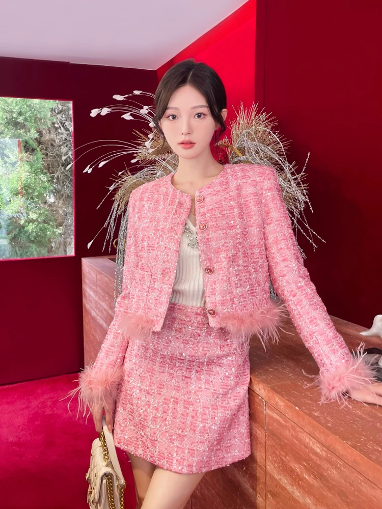 

Pink Weave Set Dr Fur down Jaet f Skirt Two-Piece Suit Spring Autumn Sle Faionable Women's Ensemble