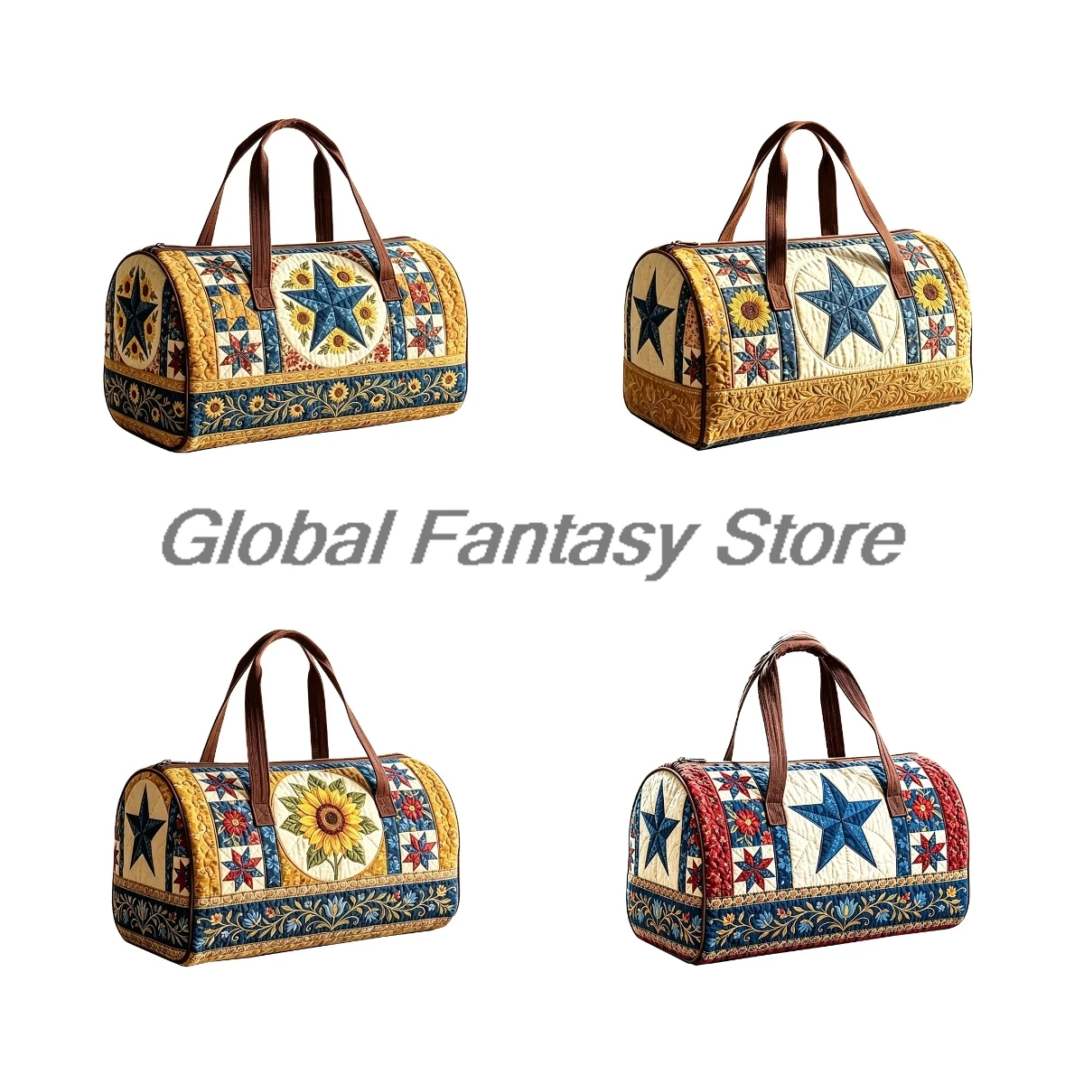

Men's Vintage Quilted Duffle Bag Sunflower Star Floral Print Boho Patchwork Travel Tote Handbag Women Outdoor Weekender Bag