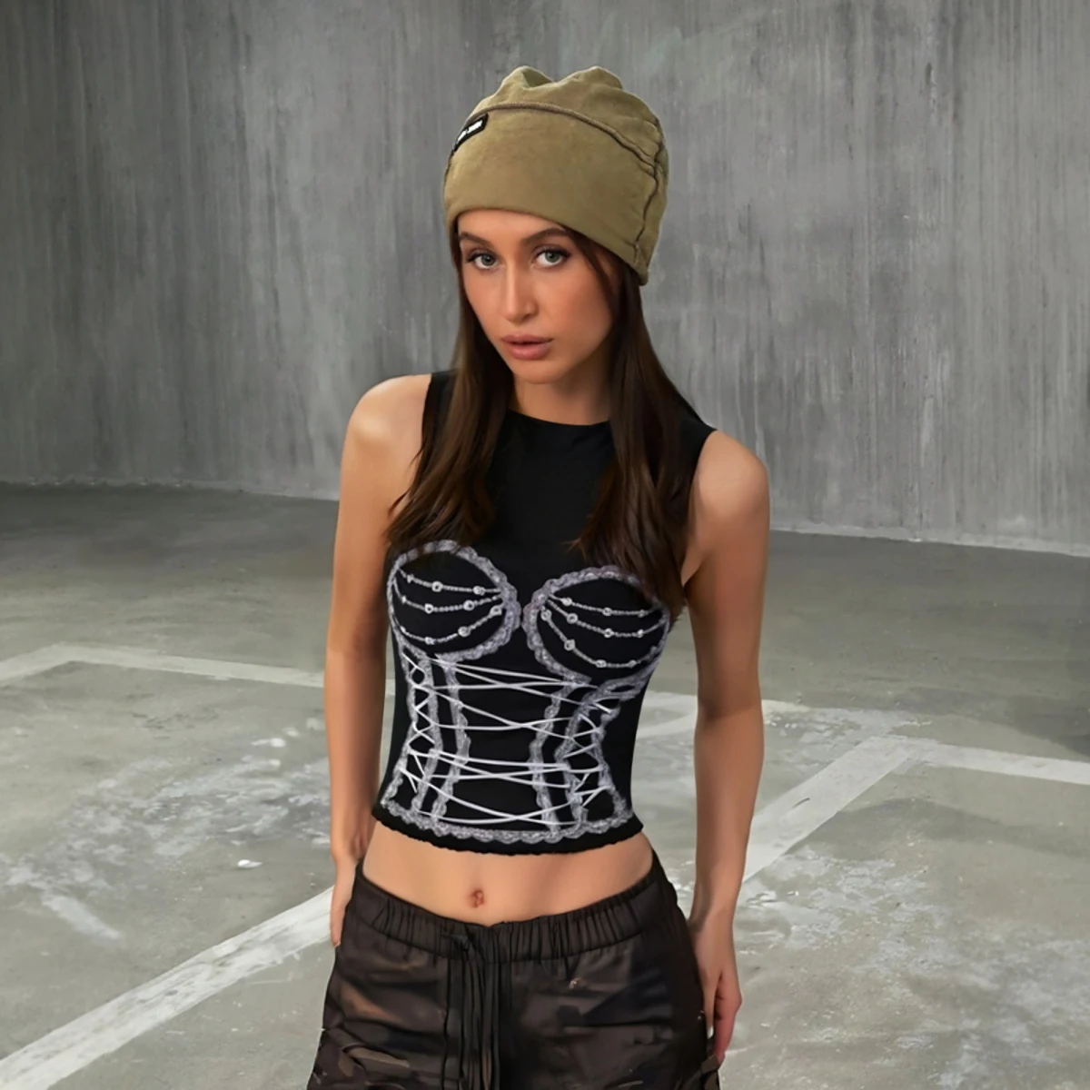 

Майки Весна Лето Уличная одежда Повседневные укороченные майки без рукавов с круглым вырезом и принтом салата