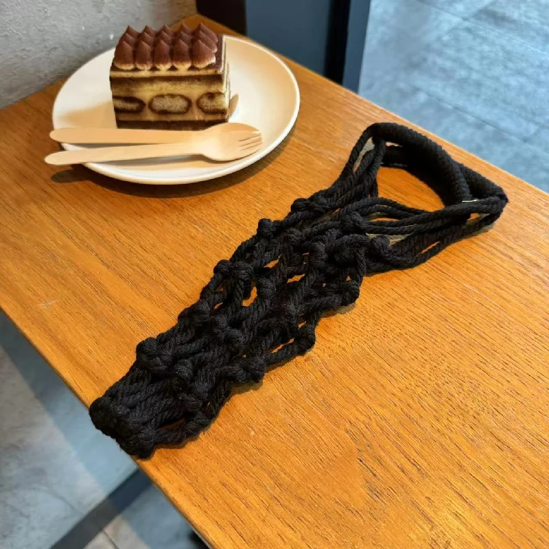 Hand Woven Cotton Macrame Cup Holder Net Bag, Portable Foldable Coffee Water Bottle Tote, Eco Reusable Drink Carrier Sleeve