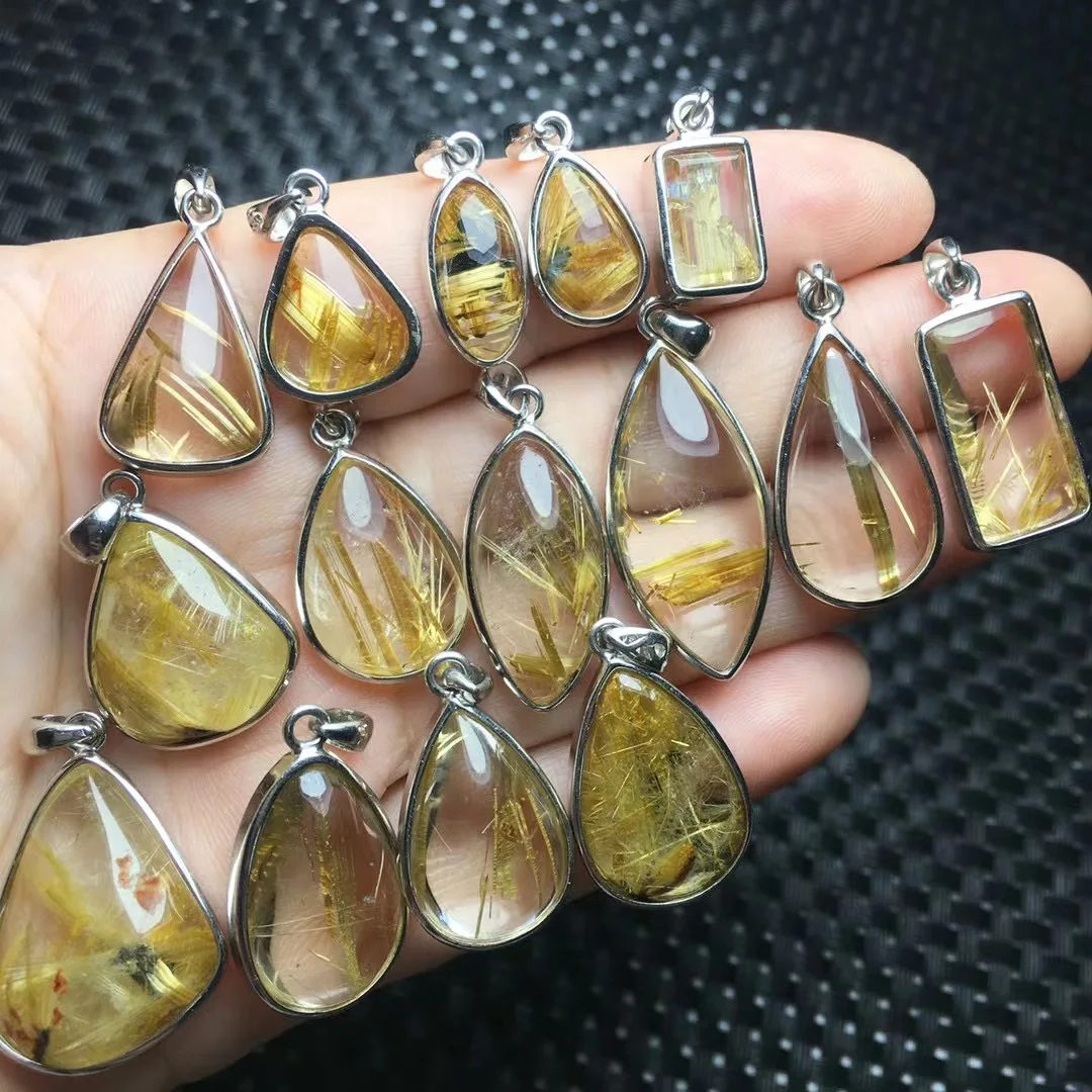 

1 Pc Fengbaowu Natural Gold Rutilated Quartz Water Drop Pendant 925 Sterling Silver Reiki Healing Stone Crystal Gift Women