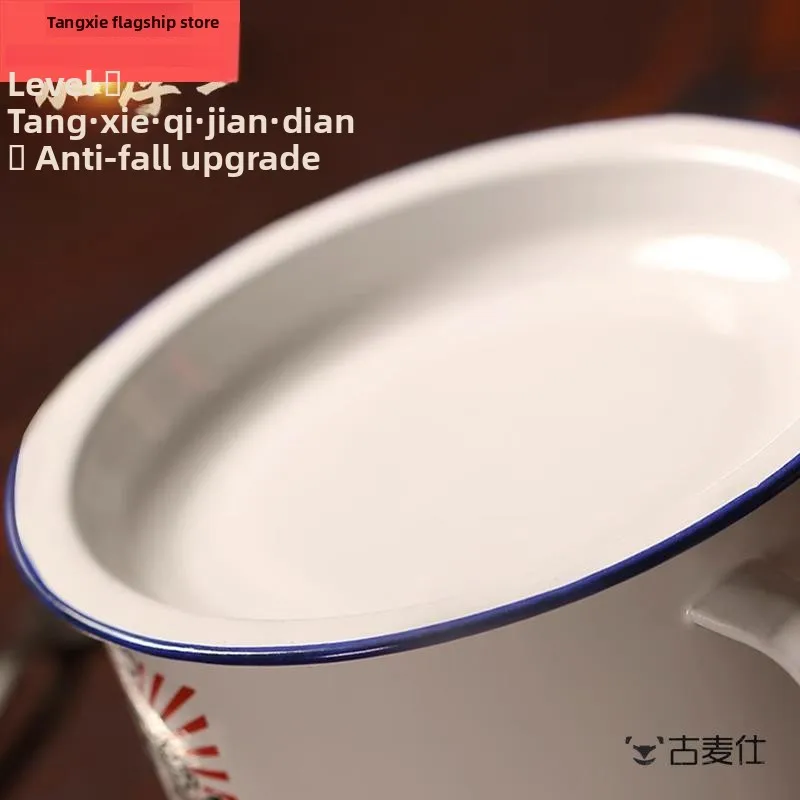 

Thiened Retro Enamel Bowl Super Large Capaci Noodle Soup Bowl with Lid Handle Home Use Durable Kitchen Diningware