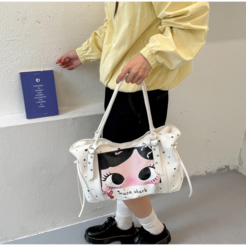 Cute Cartoon Girl Print Tote Bag Large Capacity Nylon Shoulder Handbag Rivet Decor Drawstring Design Casual Daily Women Purse