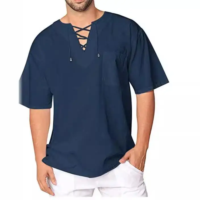 

Men's Casual Linen Cotton irt Tie Collar Summer Thin ort Sve Loose Faion Urban Pure Color Versatile Wear