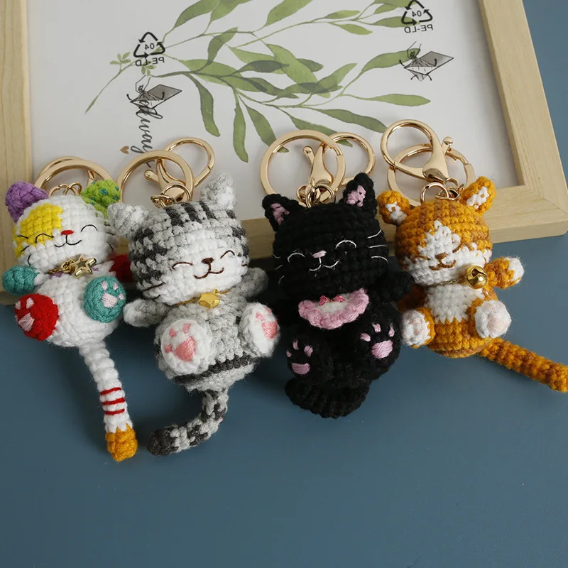 Handmaking Crochet Kitten Keyrings Cute Smiling Cat Doll Crochet Keychain Cartoon Kitten Series Knitting Doll Keychain Custom