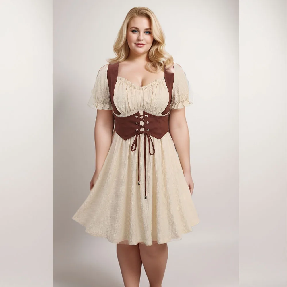 ROSEGAL Plus Size Vintage Dresses With Pockets Women Summer Grommets Lace Up Ruched Ruffles Textured Dress Beige Vestidos 5X