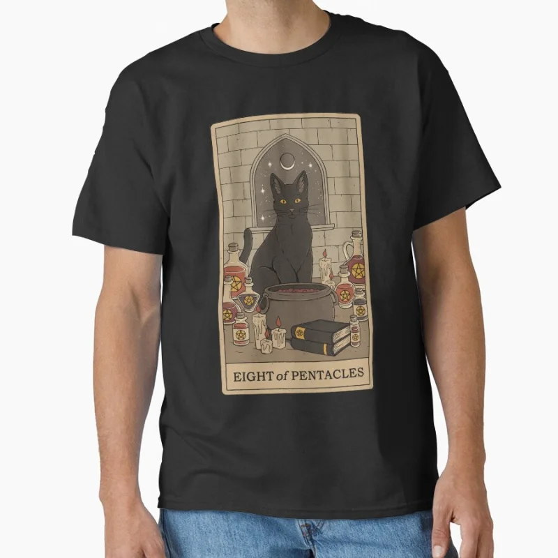 

Eight of Pentacles Vinage Tarot Card Cat Funny magical cats cute pet Gift T shirt for men large size Tops S-6XL mens clothing