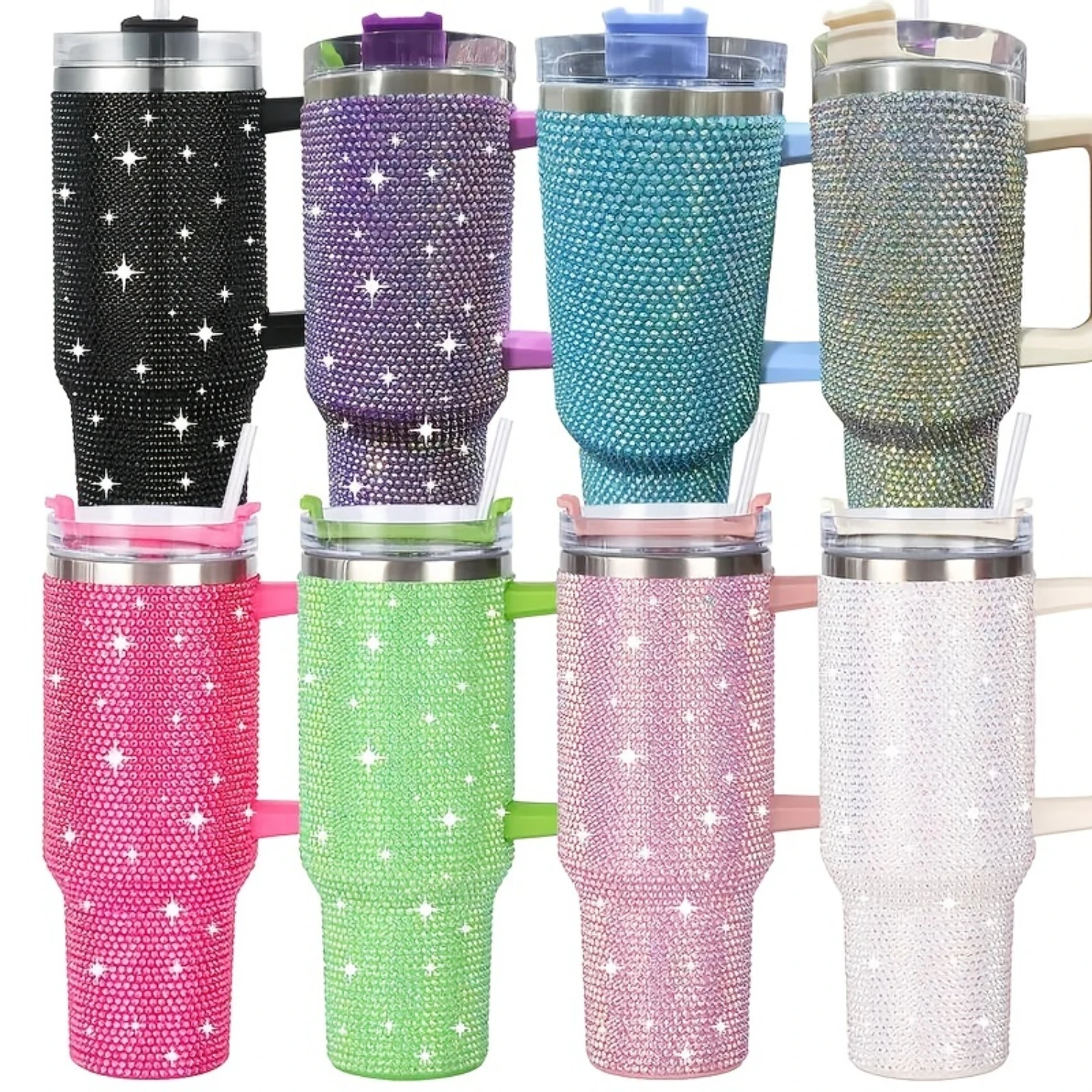 1pc, Sparkling Studded Tumbler With Lid, 40oz Stainless Steel Thermal Water Bottle With Handle, Portable Drinking Cups, For Car,