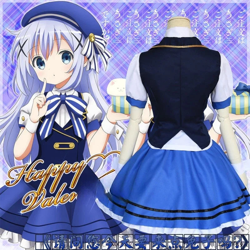 HN8 Hoto Kokoa Kafuu Chino Kirima Syaro ist die Bestellung ein Kaninchen Cosplay Kostüm Frauen Mädchen Uniform Kleid mit Hut Rollenspiel Pa) 4Dc