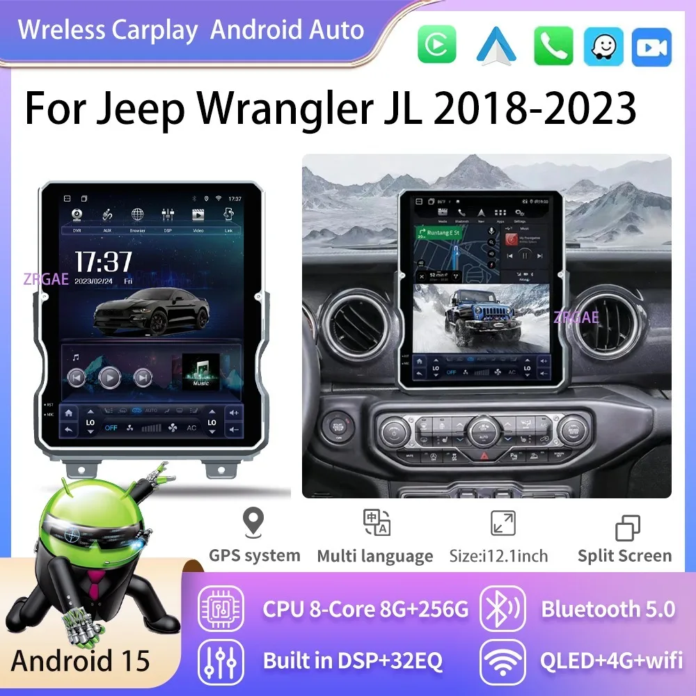 12,1-дюймовый автомобильный радиоплеер Android 15, для Jeep Wrangler JL 2018-2023, Carplay, аудио, GPS-навигация, медиа-видеоплеер, магнитофон