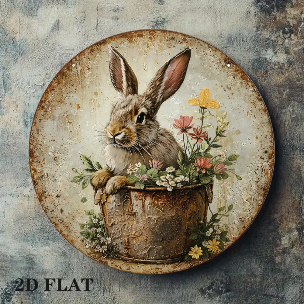 2D Metallschild 8x8 Zoll Runde Aluminiumplatte Vintage Kaninchen Blumen Frühling Gartendekoration für Wohnzimmer Café Schlafzimmer Geschenk