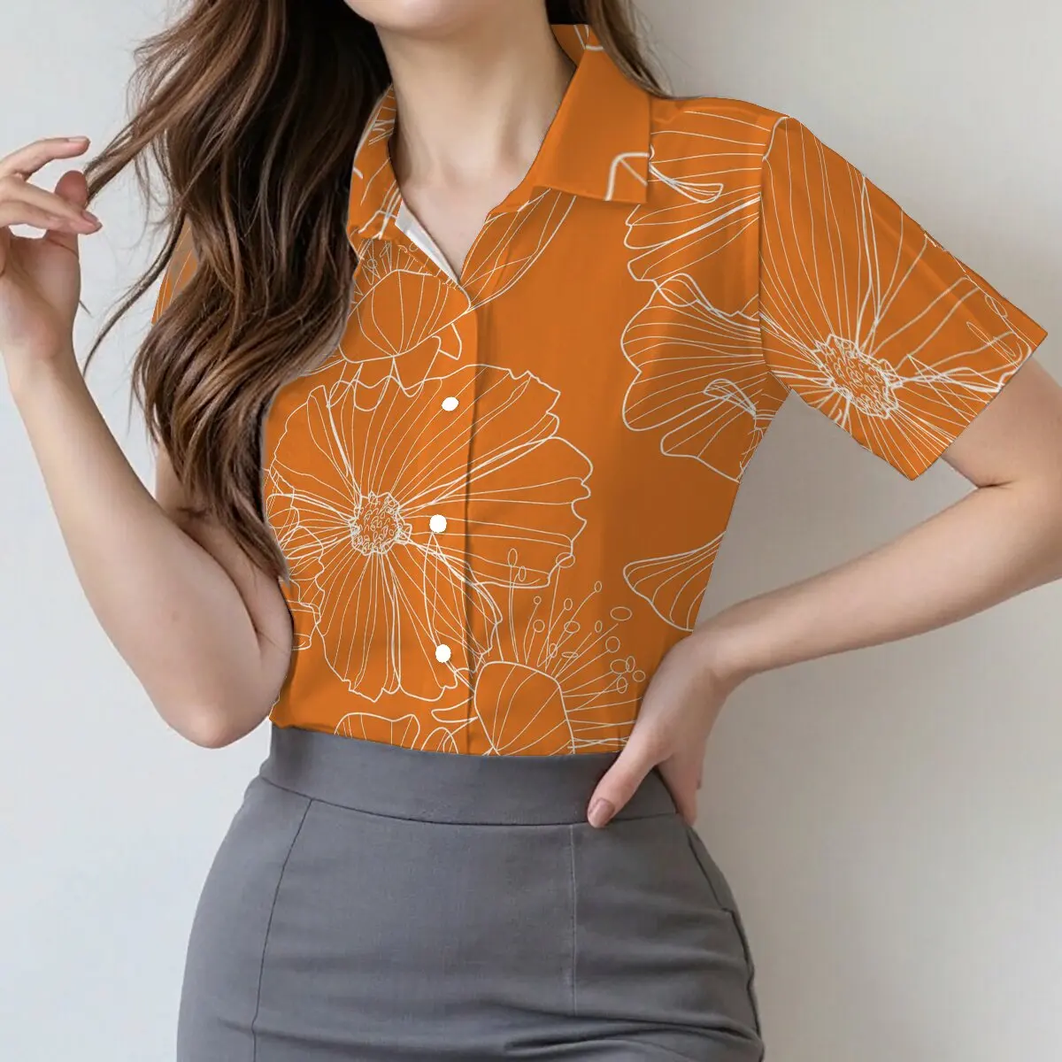 

Retro short-sleeved shirt with all-over floral print, collared, suitable for commuting or dating.