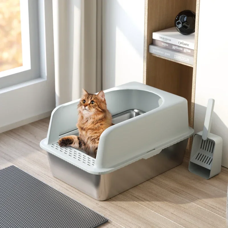 

Stainless Steel Cat Litter Box Durable Sandbox with High Sides Easy-Clean Tray for Cats Odor-Proof Features for Pets