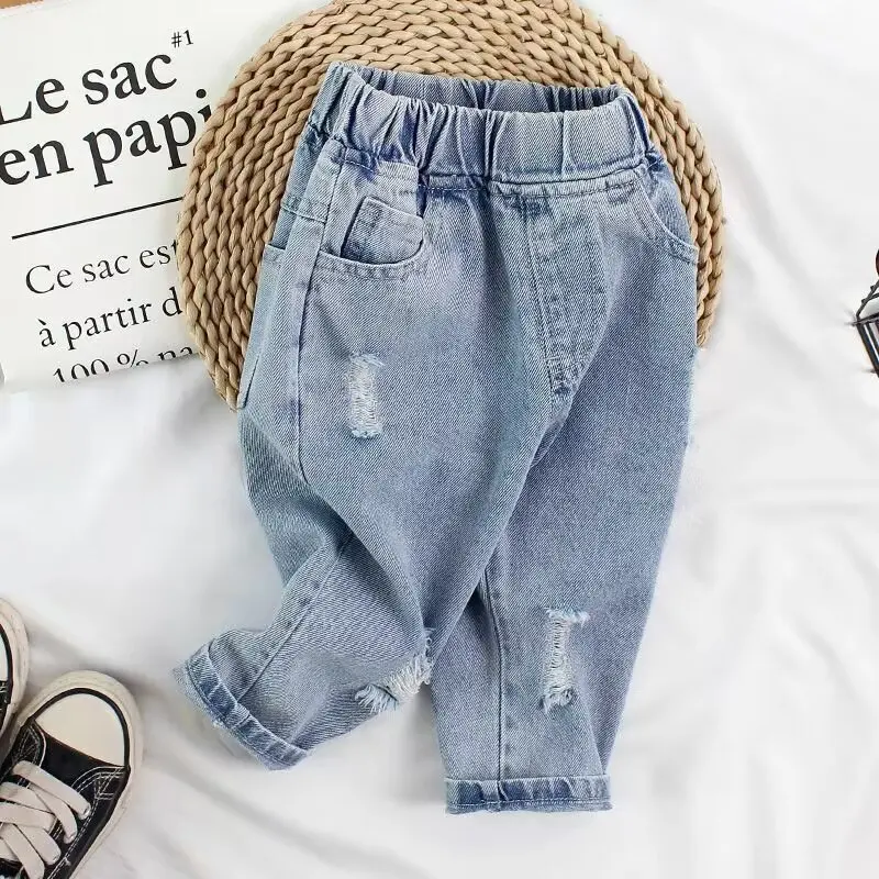 Boys Girls Denim Ripped Jeans Spring Autumn Boys Girls Denim Jeans Korean Fashion Kids Trousers Toddler Casual Loose Pants 2024