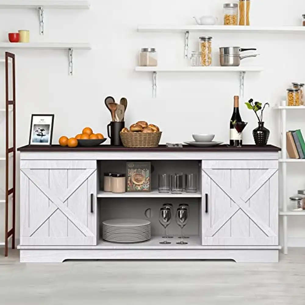 Multifuncional Farmhouse Sideboard Cabinet com porta de celeiro, Coffee Bar, TV Stand, Cozinha Storage, Home, 300 lbs, 59"