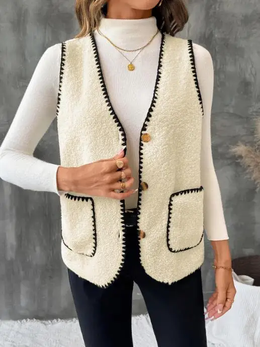 

Autumn Fashion Color Blocking Patchwork Button Sleeveless Vest Jacket for Women, Elegant and Casual, Simple Sleeveless Vest