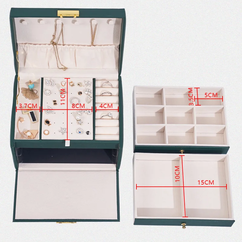 Drawer Design 3 Layer Jewelry Box with Lock Storage Necklace Jewelry Earrings Large Size Organizer Women PU Leather Jewelry Case