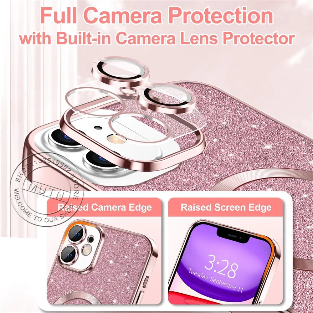 Glitter Bright Cover For iPhone 16 15 14 13 12 11 Pro Max Plus Magsafe Plating Soft Wireless Charging Bling Shining Sparkly Case - náhled 5
