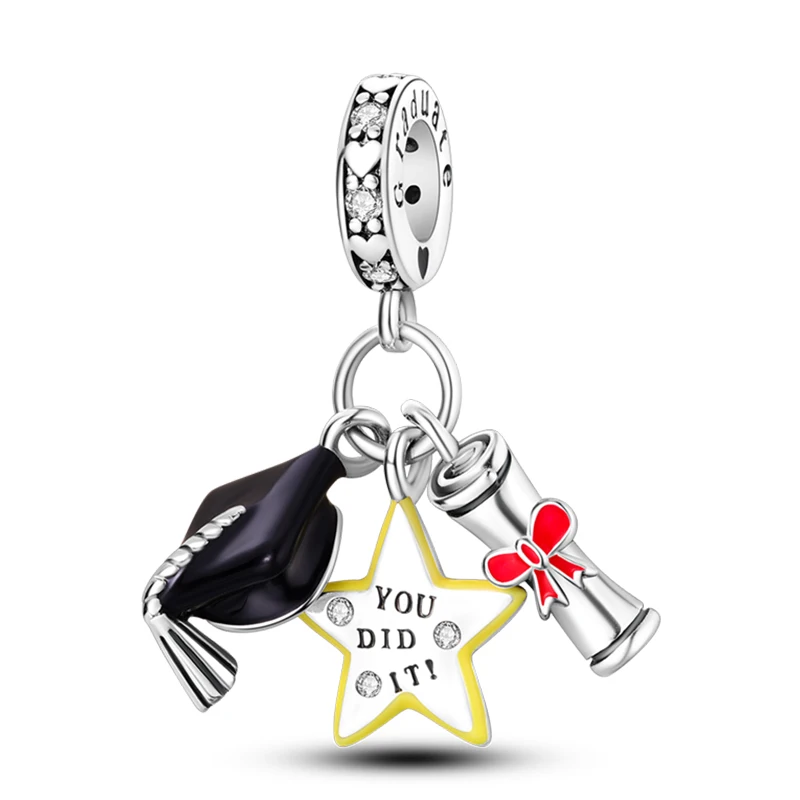 S925 Silver Color Graduation Certificate Bachelor's Hat Graduation Series Charms Beads Fit Pan Original Bracelets DIY Jewelry image 3