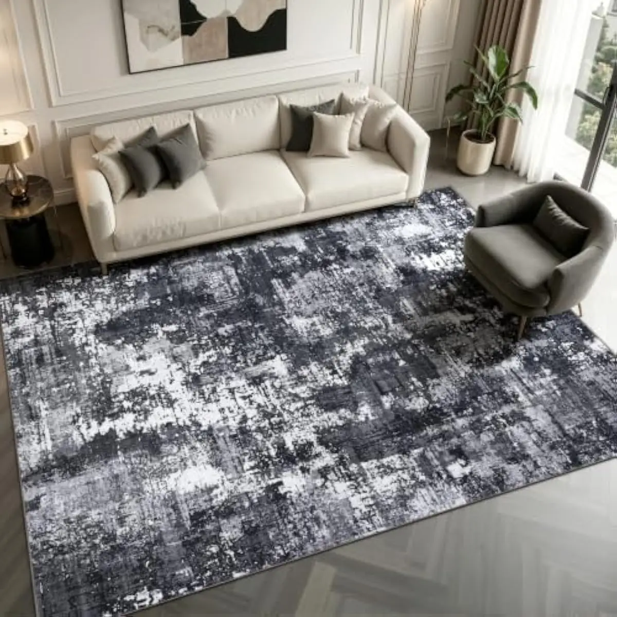 Washable Modern Abstract Large Area Rug, Ultra‑Soft Faux Wool Low Pile Non‑Slip Thin Lightweight Carpet for Living Room Bedroom Dining Room