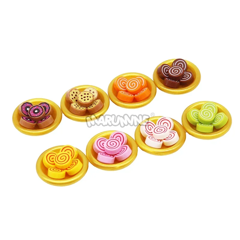 Marumine 60 STKS Mini Party Dessert Set DIY Keuken Accessoires Zwitserse Rollen Donuts Koekjes Servies Model 98138 MOC Bakstenen Onderdelen