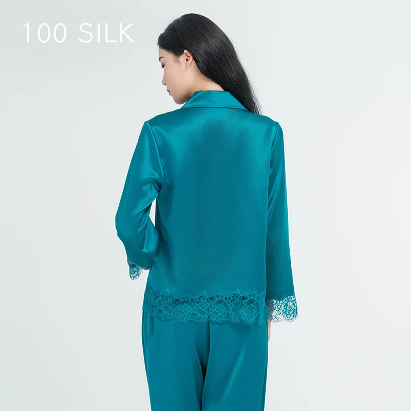 

High Quality Natural Real Silk Pajamas Women's Spring and Autumn 2024 Lace High-Grade Home Wear Suit