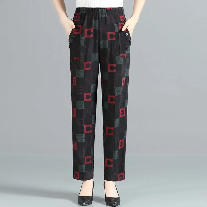 Middle Aged Elderly Women's Spring and Autumn Loose Elastic High Waisted Printed Patchwork Pocket Button Straight Commute Pants