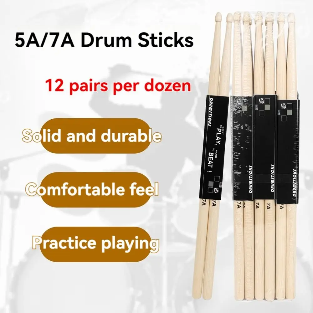 

12Pair Oval-shaped Tip 5A/7A Drum Sticks Burrfree Classic Maple Wood Drumsticks Lightweight Percussion Accessories Drum Mallets