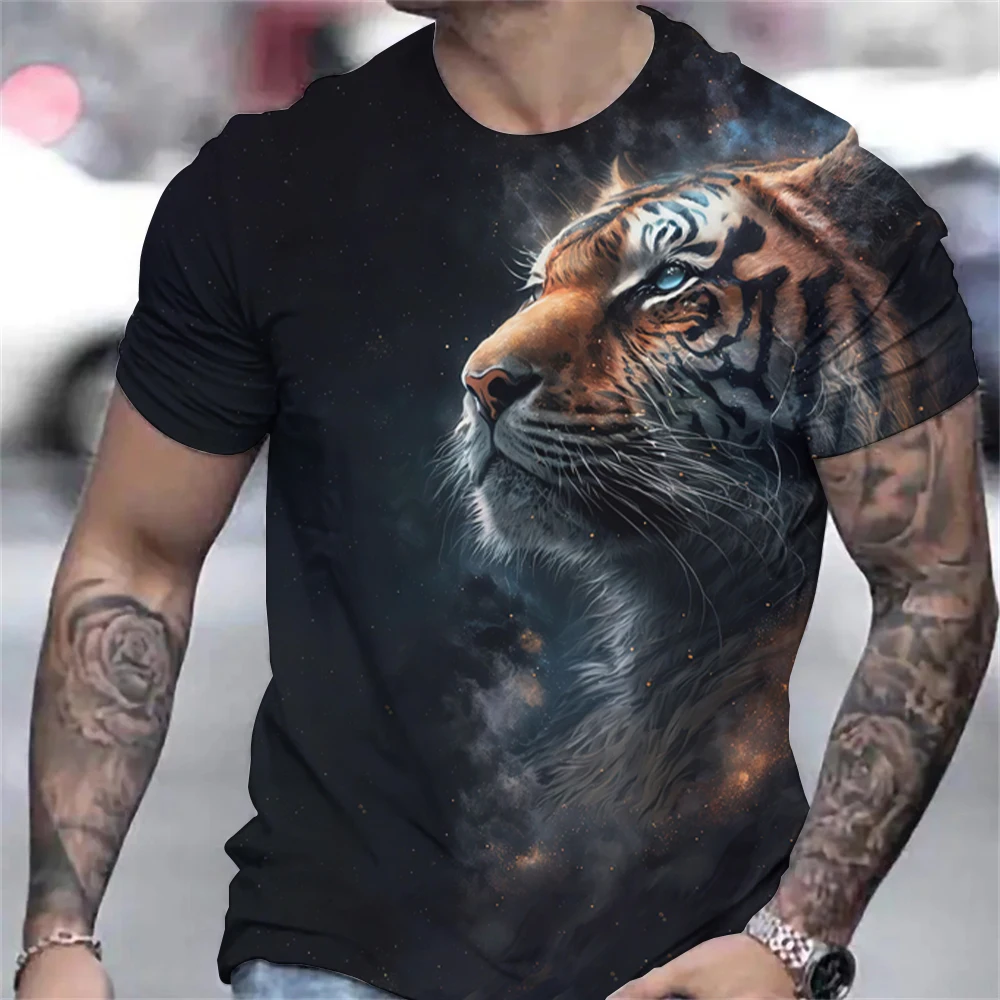 Tiger Print T-Shirt 3D Animal Men\'s Shirts Summer Short Sleeved Male Pullover Oversized Tops Tees Men Clothing