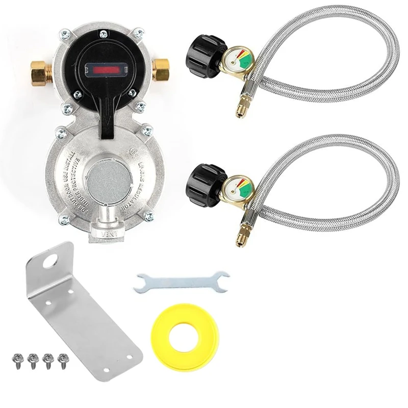 

RV Propane Regulator With Hose, Heavy Duty 2-Tank Auto Changeover LP Propane Gas Regulator With Gauge